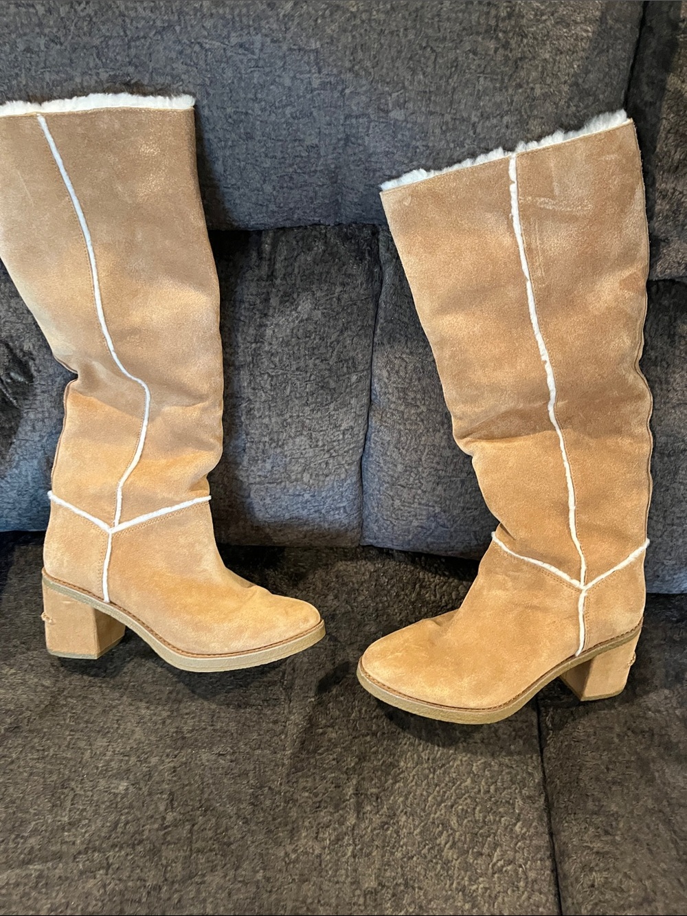 UGG Tall Suede Shearling-Lined Boots in Chestnut